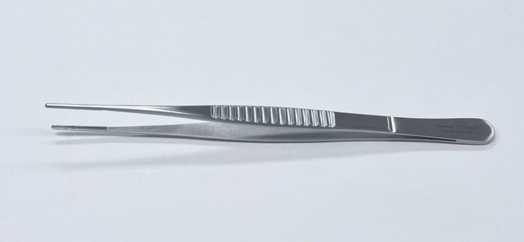 A pair of DEBAKEY VASCULAR TISSUE FORCEP, 2MM TIPS tweezers on a white surface.
