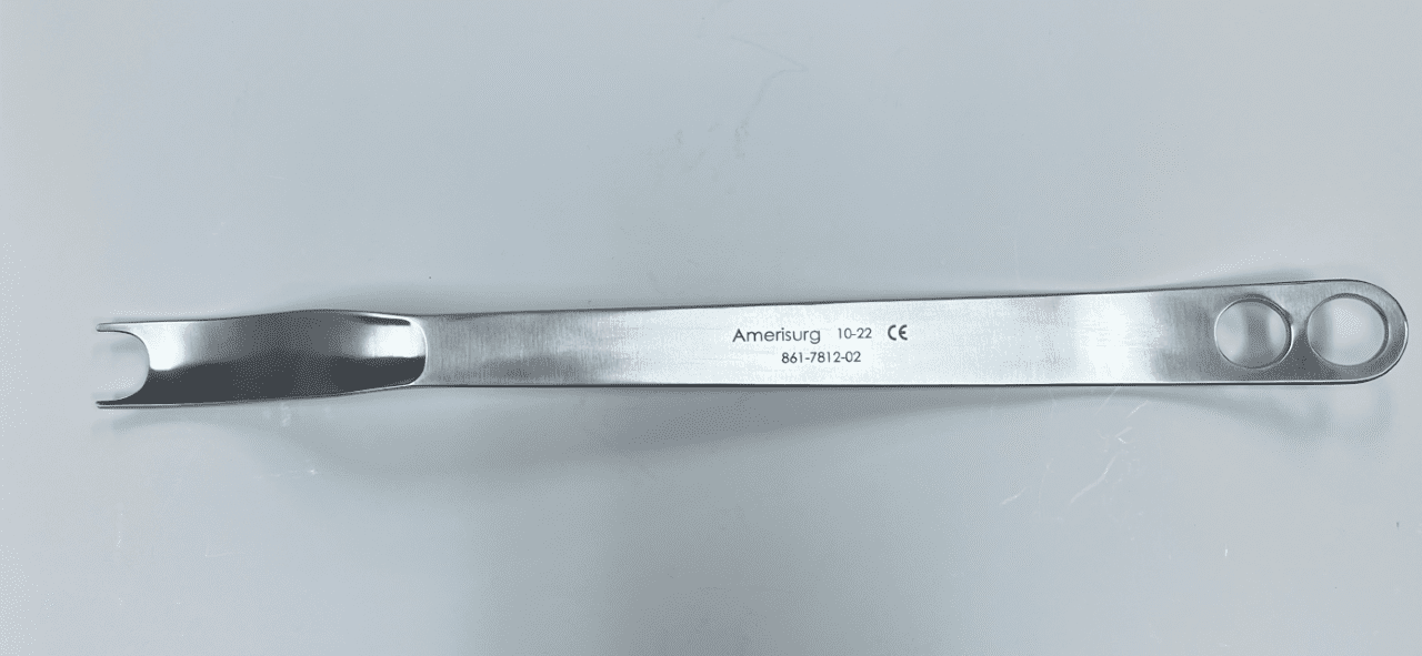A stainless steel MIS CONTOURED FEMORAL ELEVATOR, DEEP with a handle on a white surface.