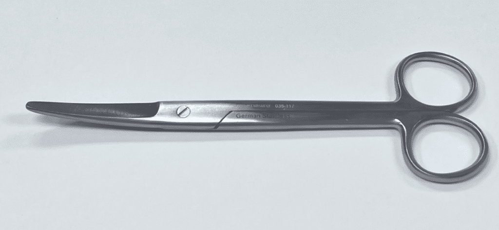 A Mayo Scissor on a white surface.