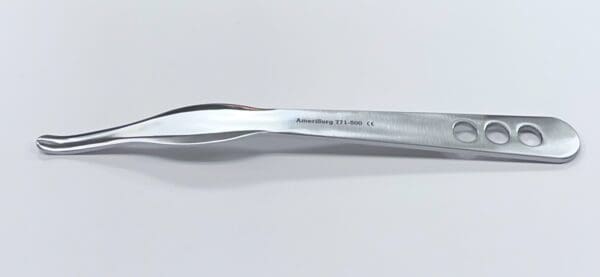 A stainless steel HOHMANN RETRACTOR on a white surface.