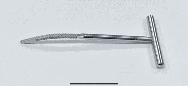 A FEMORAL CANAL FINDER/RASP, T-HANDLE, ROCKOWITZ TYPE tweezers on a white surface.
