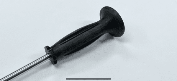 A black plastic BONE HOOK WITH ERGONOMIC HANDLE on a white surface.