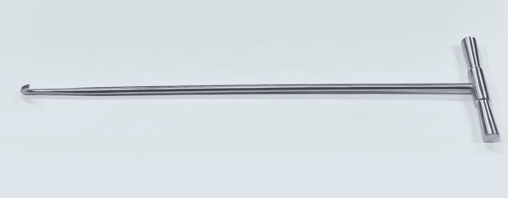 A MORELAND TYPE RETROGRADE CEMENT EXTRACTION HOOK, BLUNT with a handle on a white background.