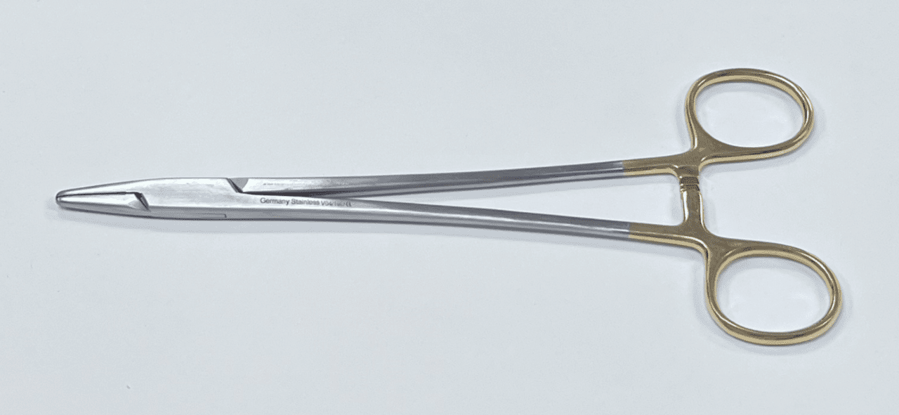 A TC MAYO-HEGAR NEEDLE HOLDER, LEFT HANDED on a white surface.