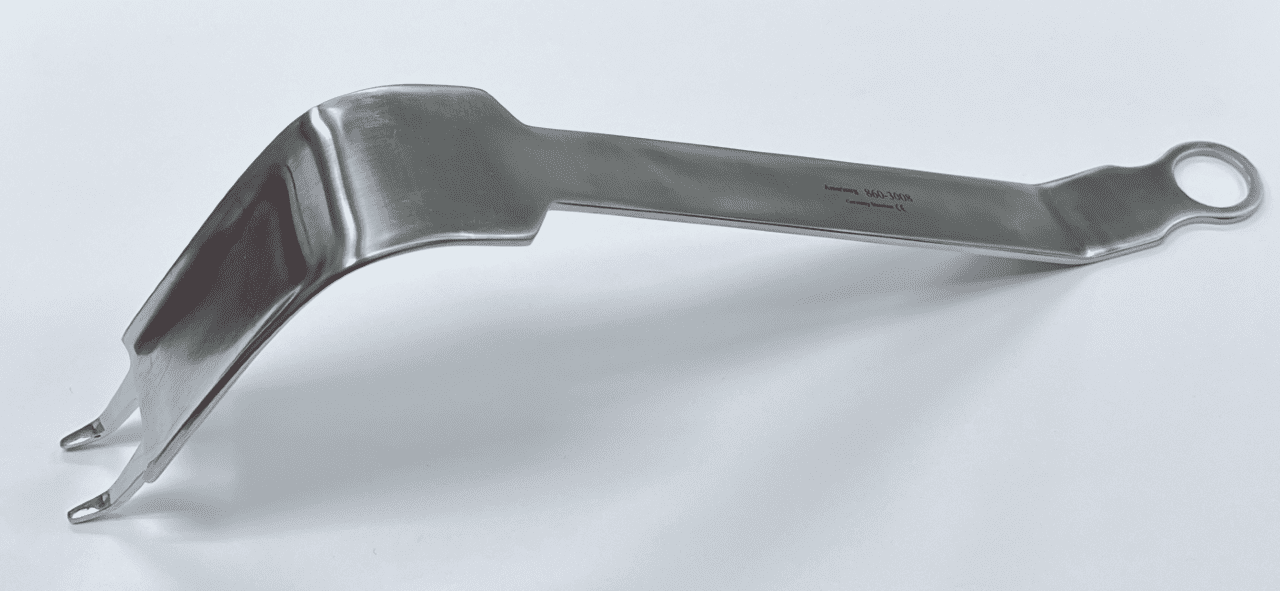 An image of a Hohmann retractor, double prong, wide, Unger type on a white surface.