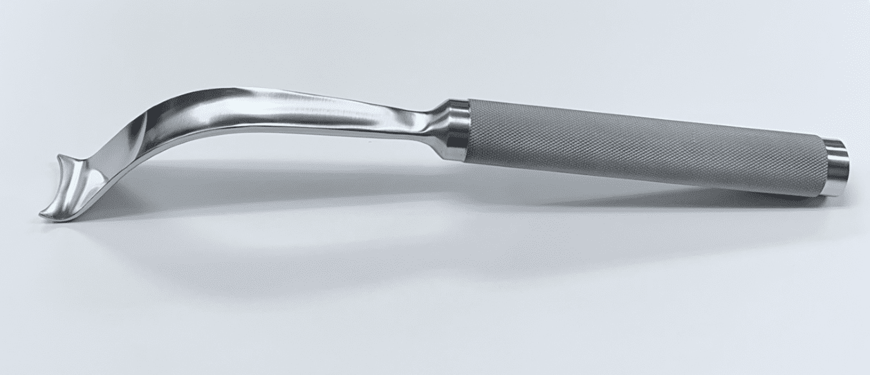 A silver Femoral Neck Elevator, Mueller, HUR type with a handle on a white surface.