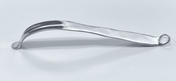 A stainless steel COBRA RETRACTOR, NARROW curved handle on a white surface.