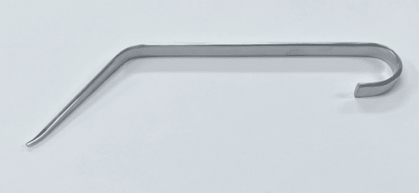 A stainless steel Knee Retractor, 45d on a white surface.