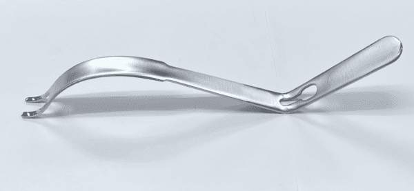 A silver metal handle on a white surface of the APC TYPE HIP RETRACTOR, DOUBLE PRONG.