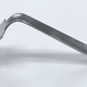 An image of a Hohmann retractor, bent, wide on a white surface.
