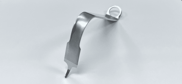 A MIS KNEE SMALL HOHMANN RETRACTOR tool with a handle on a white surface.