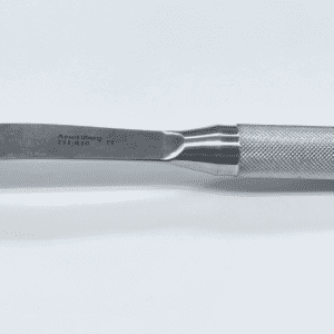 A silver femoral neck elevator with a handle on a white surface.