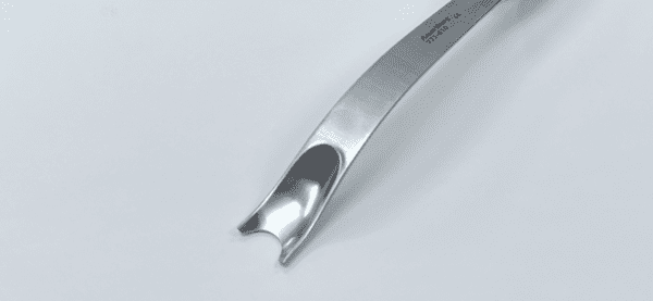 A stainless steel Femoral Neck Elevator, Mueller, Modified with a handle on a white surface.