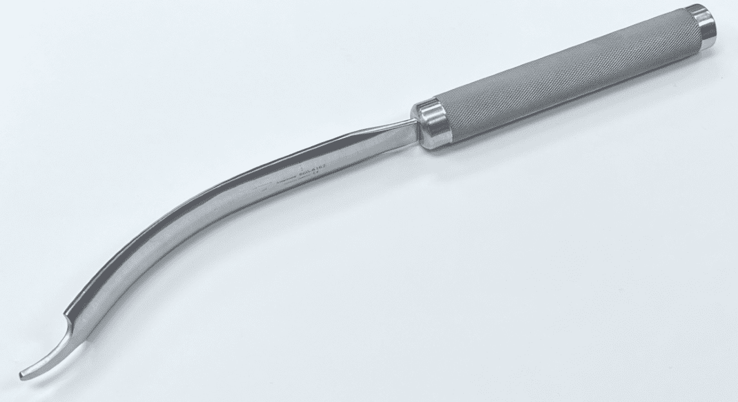 A HOHMANN RETRACTOR, MODIFIED DEEP with a long handle on a white surface.