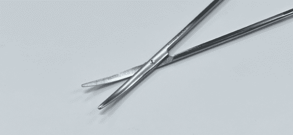 A pair of stainless steel tweezers on a white background.