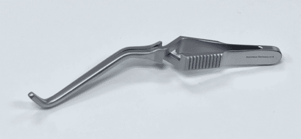 An image of a GREGORY CAROTID ANGLED BULLDOG CLAMP on a white surface.