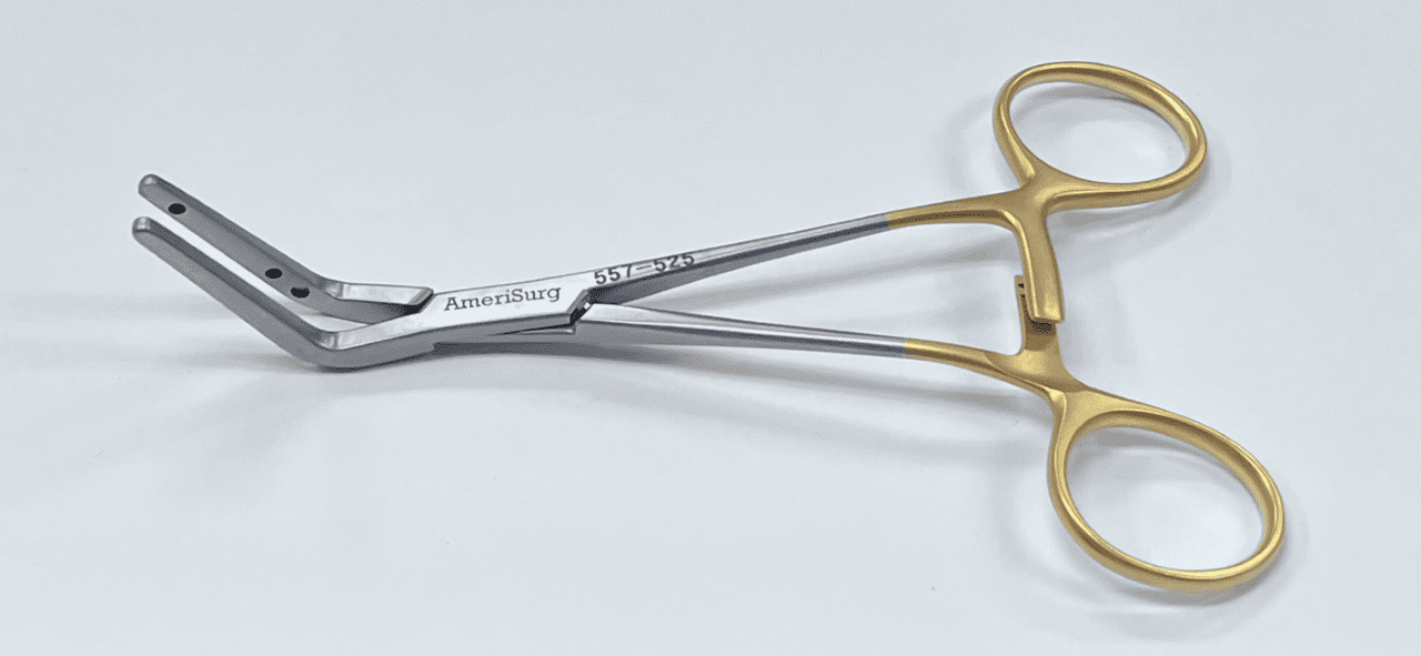A pair of FOGARTY TYPE HEMOGRIP CLAMP, ANGLED on a white surface.