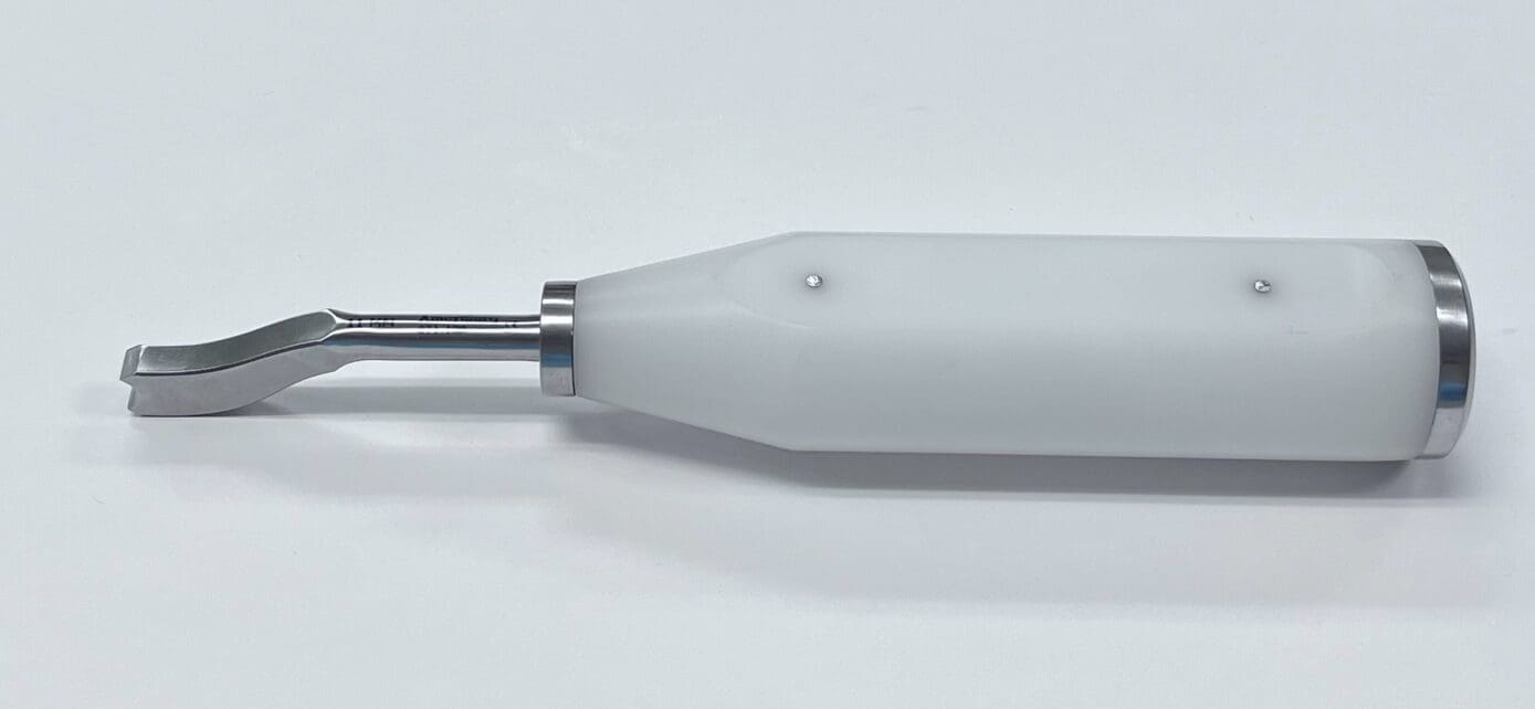 A white and silver MORELAND TYPE FEMORAL/TIBIAL EXTRACTOR, OFFSET tool.